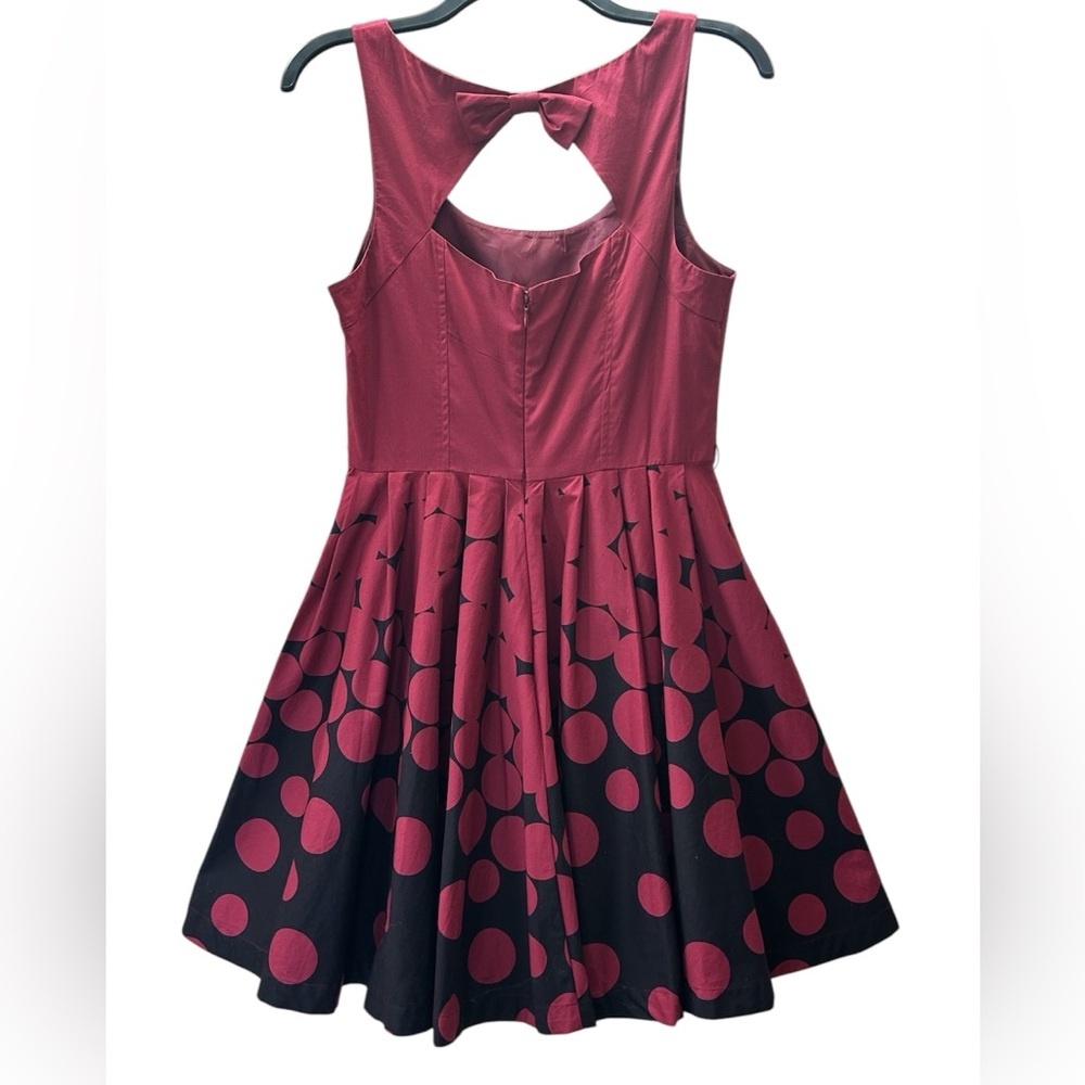 Lauren Conrad Burgundy Black Dots Bow Back Pleated Fit n Flare Dress Size 10 - Picture 4 of 16